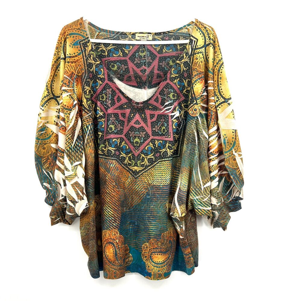 One World 1X Boho Mandala Sublimation Top Chain Neck Cutout Sleeve Tunic Blouse